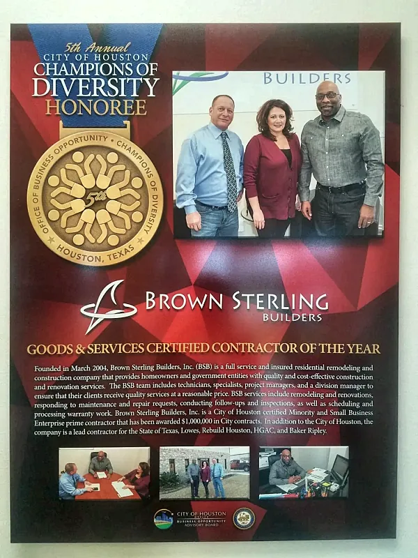 Brown Sterling Builders team with the City of Houston Contractor of the Year award
